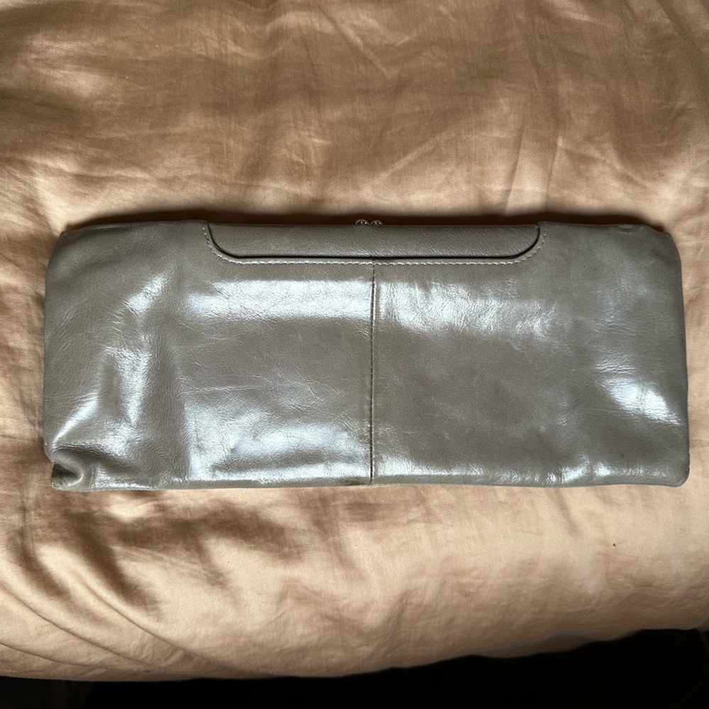 HOBO Grey Leather Clutch with Orange and Teal Patterned Lining